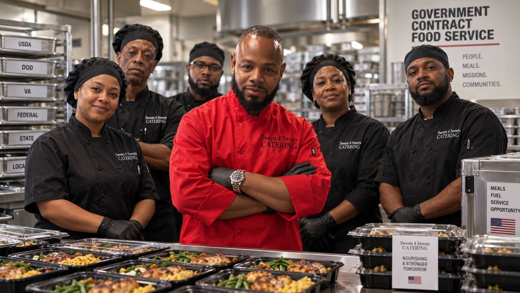 The O's Sweets 4 Sweets crew in a commercial kitchen behind a run of prepared meal trays